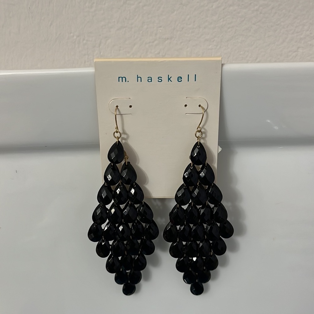 M. Haskell diamond shaped black diamond cut beads pierced earrings gold wire